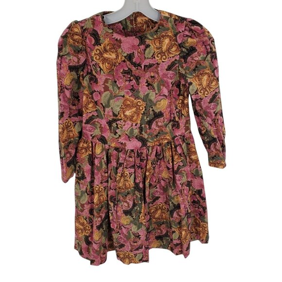 Vintage Dress Girls 7‎ Floral Bib Collar Prairie Cottagecore Puff Long Sleeve - Picture 2 of 10